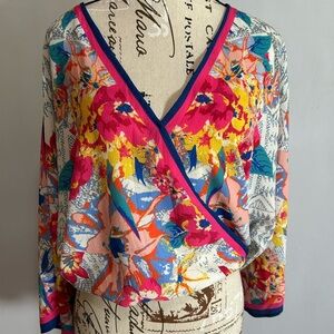 Flying Tomato Pink and Yellow Graphic Wrap Blouse Medium